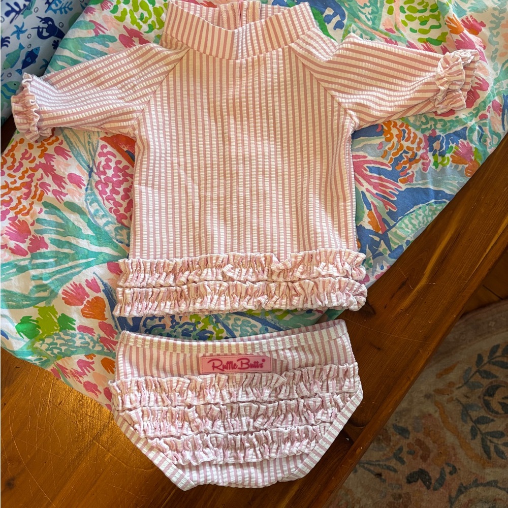 Ruffle Butts Pink and White seersucker swim
